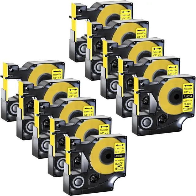 Main image of GREENCYCLE 10 Pack Compatible for Dymo Rhino Industrial 18054 9mm 3/8'' x 1.5m Black on Yellow Heat Shrink Tubes for Wires Cables