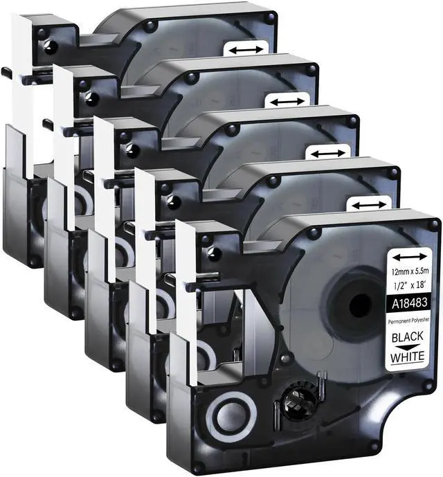 Main image of GREENCYCLE 5 Pack Compatible for Dymo Rhino IND 18483 Black on White 1/2'' 12mm x 5.5m Industrial Permanent Polyester Label Tapes