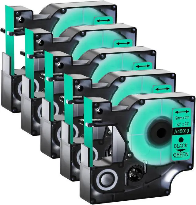 Main image of GREENCYCLE 5 Pack Compatible for DYMO D1 Label Maker Refill 45019 S0720590 Black on Green, 1/2 Inch x 23 Ft for DYMO LabelManager 160 280 210D 360D 420P Wireless PnP 220P 260P 500TS 450DUO