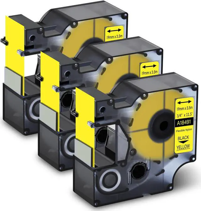 Main image of GREENCYCLE 3 Pack Compatible for Dymo Rhino IND 18491 Black on Yellow 3/4'' 19mm x 3.5m Industrial Flexible Nylon Label Tapes