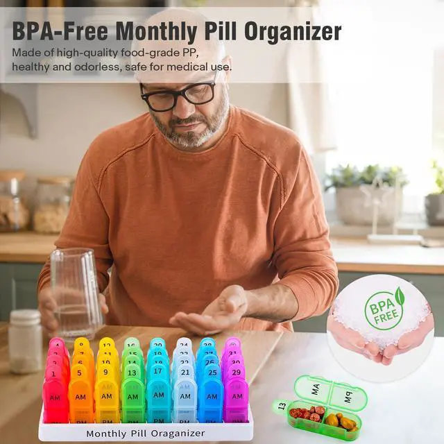 Alt view image 2 of 6 - Monthly Pill Organizer 2 Times A Day, Greencycle 30 Day Medicine Organizer, AM PM Pill Cases, 4 Week Pill Box, Small Compartments to Hold Vitamins Fish Oil Supplements Great for Travel