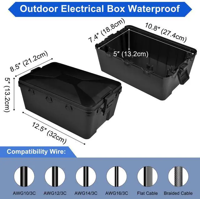 Alt view image 2 of 6 - 1PK Large Outdoor Electrical Box Waterproof (12.9 x 8.3 x 5.2 inch), Greencycle IP54 Waterproof Extension Cord Cover Weatherproof with 7 Cable Seal Entry,Protects Outdoor Outlets, Timers, Plugs