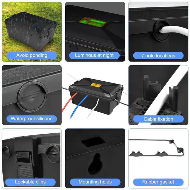 Alt view image 5 of 6 - 1PK Large Outdoor Electrical Box Waterproof (12.9 x 8.3 x 5.2 inch), Greencycle IP54 Waterproof Extension Cord Cover Weatherproof with 7 Cable Seal Entry,Protects Outdoor Outlets, Timers, Plugs