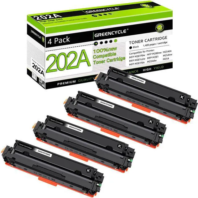 Main image of greencycle 202A Black toner Cartridge Compatible for HP 202A CF500A Works on Color Laserjet Pro MFP M281fdw M281cdw M254dw M254nw M281fdn M254dn M280nw M254 M281 Printer (Black, 4-Pack)