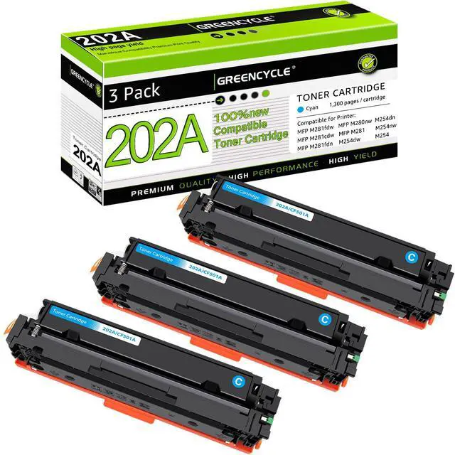 Main image of greencycle 202A Cyan toner Cartridge Compatible for HP 202A CF501A Works on Color Laserjet Pro MFP M281fdw M281cdw M254dw M254nw M281fdn M254dn M280nw M254 M281 Printer (Cyan, 3-Pack)