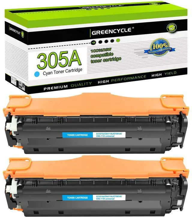 Main image of greencycle 2 Pack 305A Cyan Compatible Toner Cartridge Replacement for HP 305A CE411A Toner work with Laser jet Pro 400 Color M451nw M451dw M451dn MFP M475dn M475dw M375nw Printer