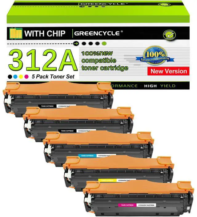 Main image of GREENCYCLE 5 Pack Compatible Toner Cartridge Replacement for HP 312A CF380A CF381A CF382A CF383A Works on Color Laser Jet Pro MFP M476dn M476dw M476nw Printer (2 Black 1 Cyan 1 Yellow 1 Magenta)