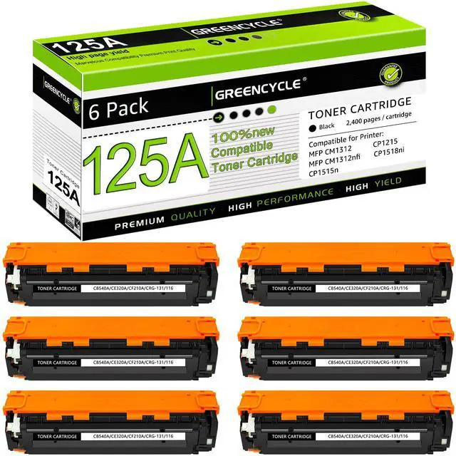 Main image of greencycle 6 Pack 125A CB540A Black Compatible Toner Cartridge Replacement for HP 125A CB540A Toner Works on Color Laser Jet CM1312 MFP CP1215 CP1515n CP1518ni Series Printer
