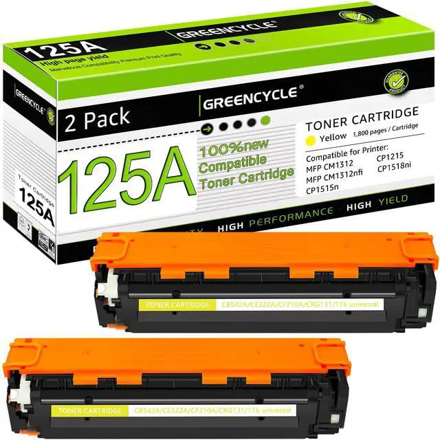 Main image of greencycle 2 Pack 125A CB542A Yellow Compatible Toner Cartridge Replacement for HP 125A CB542A Toner Works on Color Laser Jet CM1312 MFP CP1215 CP1515n CP1518ni Series Printer