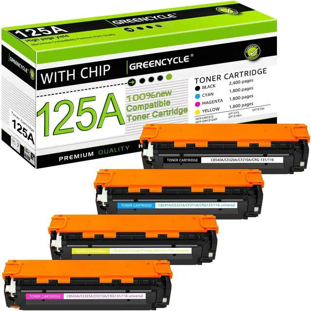 Main image of greencycle 4 Pack Compatible Toner Cartridge Replacement for HP 125A CB540A CB541A CB542A CB543A Toner Works on Color CM1312 MFP CP1215 CP1515n CP1518ni Series Printer(Black Cyan Yellow Magenta)