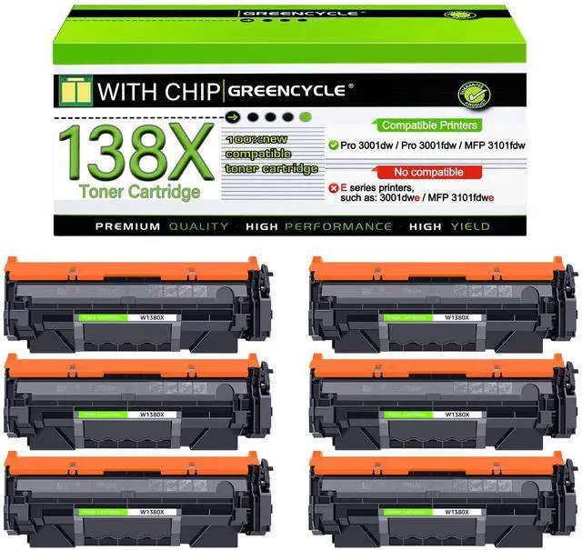 Main image of greencycle W1380X [with Chip] Compatible Toner Cartridge Replacement for HP 138X W1380X 138A W1380A Black Cartridge Laser Jet Pro 3001dw 3001fdw MFP 3101fdw Series Printer (6Pk)