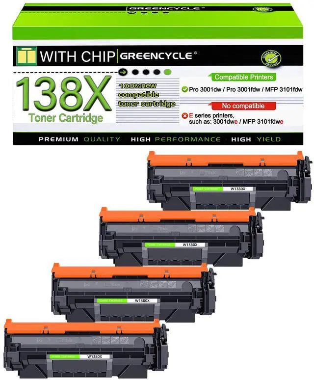 Main image of greencycle W1380X [with Chip] Compatible Toner Cartridge Replacement for HP 138X W1380X 138A W1380A Black Cartridge Laser Jet Pro 3001dw 3001fdw MFP 3101fdw Series Printer (4Pk)