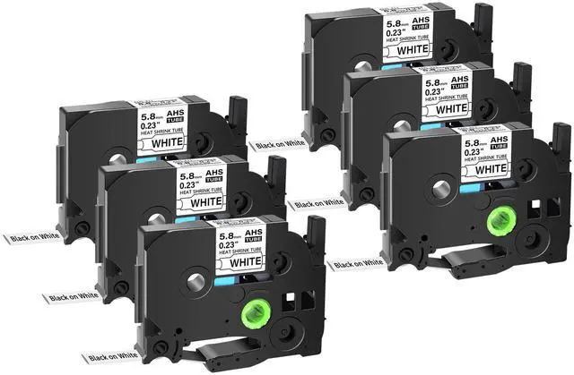 Main image of GREENCYCLE 6 Pack Compatible for Brother P-touch HSe-211 HSe211 HS-211 HS211 5.8mm 0.23'' x 1.5m Black on White Heat Shrink Tubes for Wires Cables