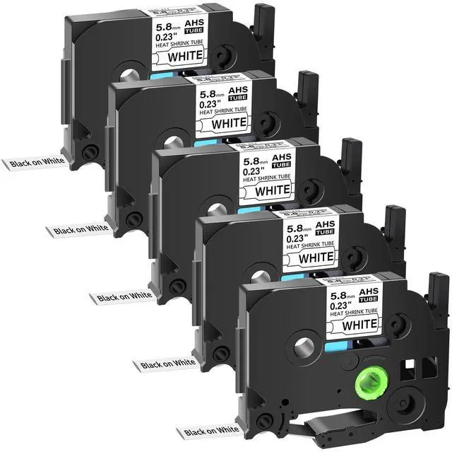 Main image of GREENCYCLE 5 Pack Compatible for Brother P-touch HSe-211 HSe211 HS-211 HS211 5.8mm 0.23'' x 1.5m Black on White Heat Shrink Tubes for Wires Cables
