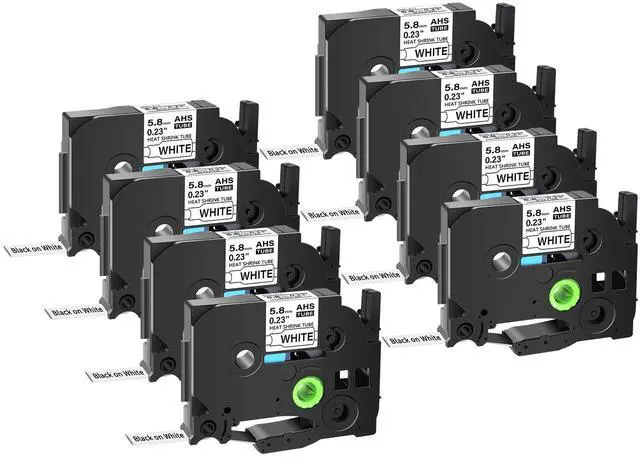 Main image of GREENCYCLE 8 Pack Compatible for Brother P-touch HSe-211 HSe211 HS-211 HS211 5.8mm 0.23'' x 1.5m Black on White Heat Shrink Tubes for Wires Cables