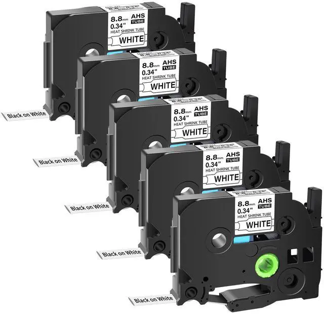 Main image of GREENCYCLE 5 Pack Compatible for Brother P-touch HSe-221 HSe221 HS-221 HS221 8.8mm 0.34'' x 1.5m Black on White Heat Shrink Tubes for Wires Cables
