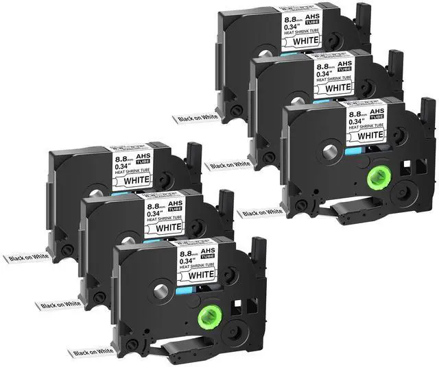 Main image of GREENCYCLE 6 Pack Compatible for Brother P-touch HSe-221 HSe221 HS-221 HS221 8.8mm 0.34'' x 1.5m Black on White Heat Shrink Tubes for Wires Cables