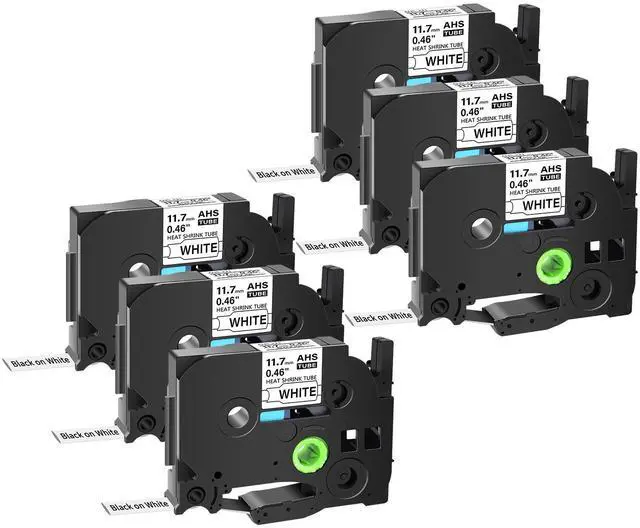 Main image of GREENCYCLE 6 Pack Compatible for Brother P-touch HSe-231 HSe231 HS-231 HS231 11.7mm 0.46'' x 1.5m Black on White Heat Shrink Tubes for Wires Cables