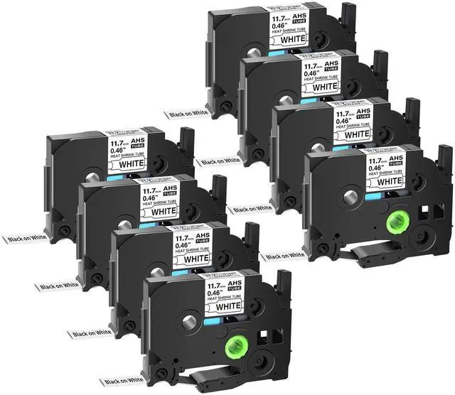 Main image of GREENCYCLE 8 Pack Compatible for Brother P-touch HSe-231 HSe231 HS-231 HS231 11.7mm 0.46'' x 1.5m Black on White Heat Shrink Tubes for Wires Cables