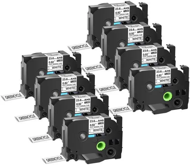 Main image of GREENCYCLE 8 Pack Compatible for Brother P-touch HSe-251 HSe251 HS-251 HS251 23.6mm 0.92'' x 1.5m Black on White Heat Shrink Tubes for Wires Cables