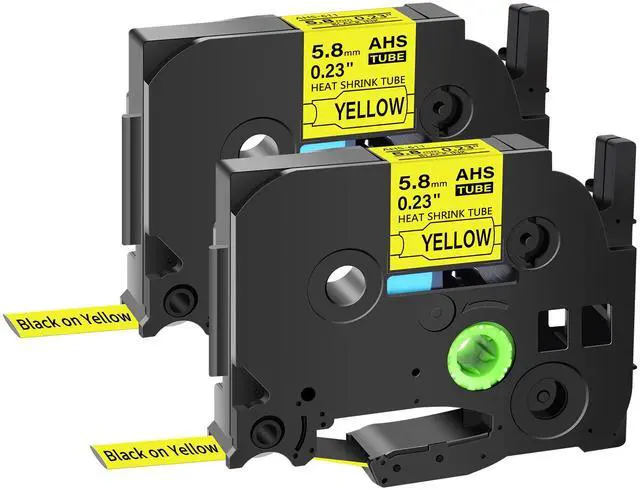 Main image of GREENCYCLE 2 Pack Compatible for Brother P-touch HSe-211 HSE611 HS-211 HS211 5.8mm 0.23'' x 1.5m Black on Yellow Heat Shrink Tubes for Wires Cables