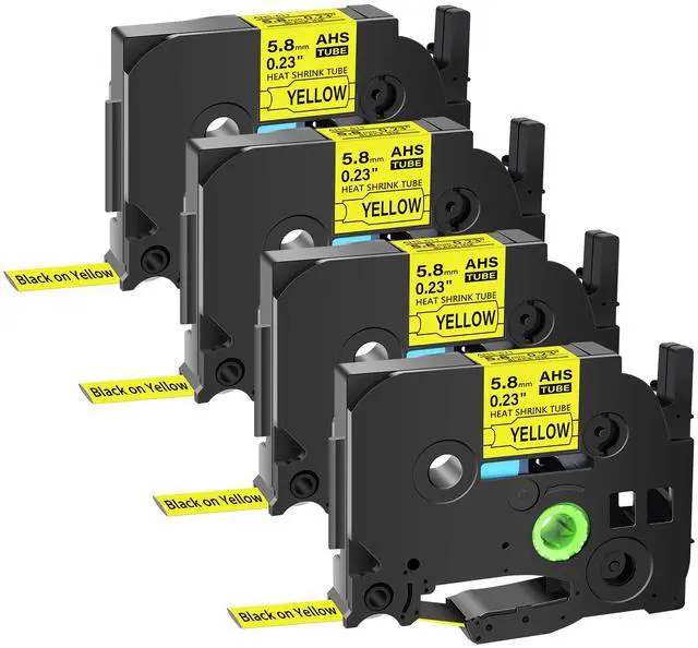 Main image of GREENCYCLE 4 Pack Compatible for Brother P-touch HSe-211 HSE611 HS-211 HS211 5.8mm 0.23'' x 1.5m Black on Yellow Heat Shrink Tubes for Wires Cables
