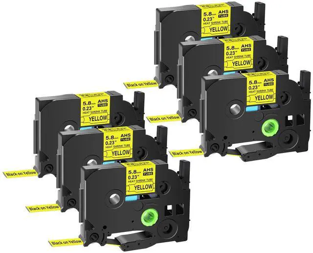 Main image of GREENCYCLE 6 Pack Compatible for Brother P-touch HSe-211 HSE611 HS-211 HS211 5.8mm 0.23'' x 1.5m Black on Yellow Heat Shrink Tubes for Wires Cables