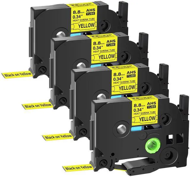 Main image of GREENCYCLE 4 Pack Compatible for Brother P-touch HSe-221 HSE621 HS-221 HS221 8.8mm 0.34'' x 1.5m Black on Yellow Heat Shrink Tubes for Wires Cables
