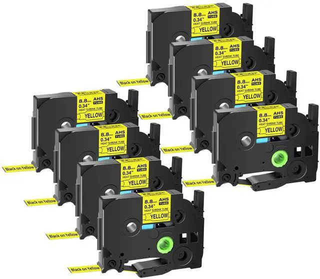 Main image of GREENCYCLE 8 Pack Compatible for Brother P-touch HSe-221 HSE621 HS-221 HS221 8.8mm 0.34'' x 1.5m Black on Yellow Heat Shrink Tubes for Wires Cables