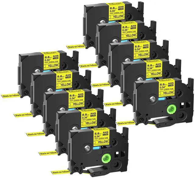 Main image of GREENCYCLE 10 Pack Compatible for Brother P-touch HSe-221 HSE621 HS-221 HS221 8.8mm 0.34'' x 1.5m Black on Yellow Heat Shrink Tubes for Wires Cables