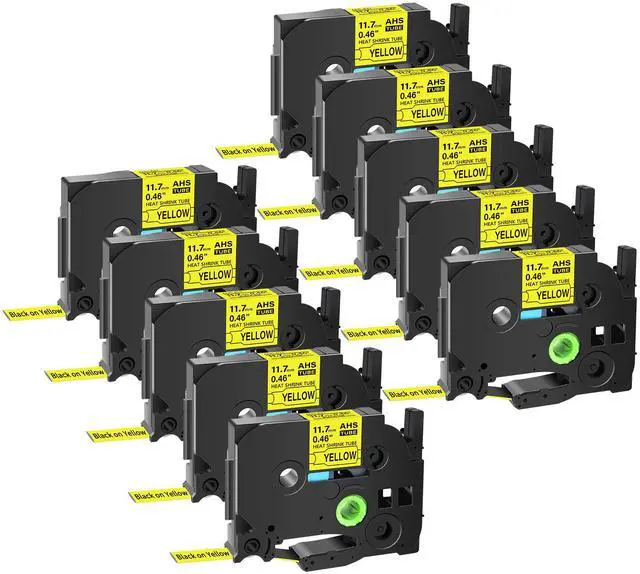 Main image of GREENCYCLE 10 Pack Compatible for Brother P-touch HSe-231 HSE631 HS-231 HS231 11.7mm 0.46'' x 1.5m Black on Yellow Heat Shrink Tubes for Wires Cables