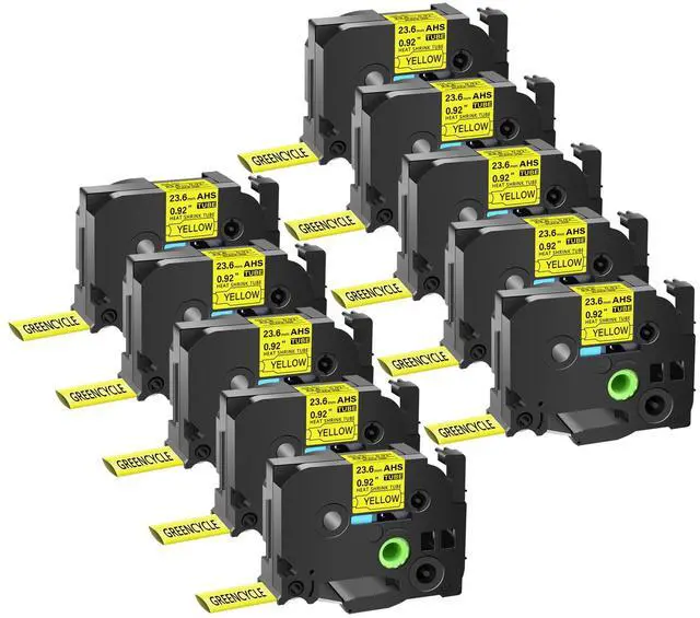 Main image of GREENCYCLE 10 Pack Compatible for Brother P-touch HSe-251 HSE651 HS-251 HS251 23.6mm 0.92'' x 1.5m Black on Yellow Heat Shrink Tubes for Wires Cables