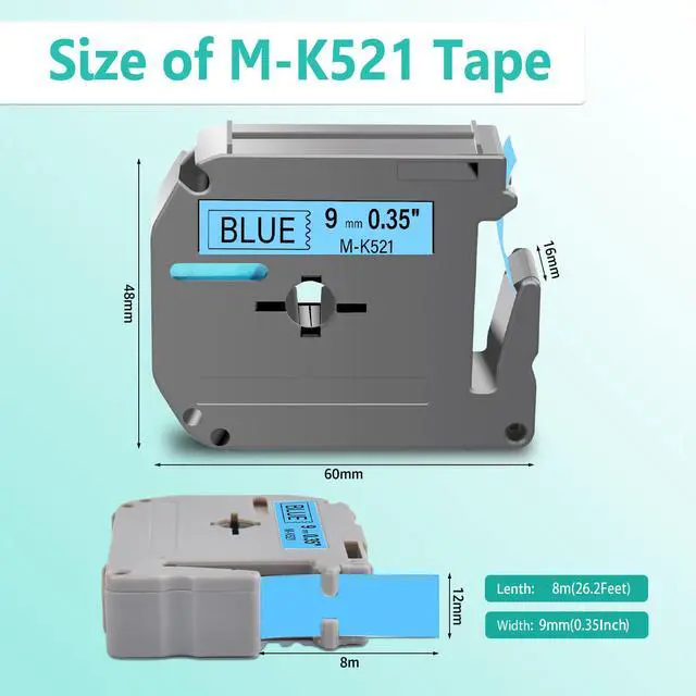 Alt view image 3 of 6 - GREENCYCLE Compatible for Brother M521 M-K521 MK521 M-521 MK521s 0.35 Inch Non-Laminated Label Tape 3/8" x 26.2ft (9mm x 8m) for PT-45M PT-90 PT-70BM PT-70 PT-M95 PT65 PT-85 (Black on Blue,6 Pack)