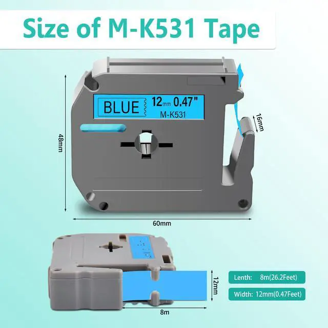 Alt view image 3 of 6 - GREENCYCLE Compatible for Brother M531 M-K531 MK531 M-531 MK531s 0.47 Inch Non-Laminated Label Tape 1/2" x 26.2ft (12mm x 8m) for PT-45M PT-90 PT-70BM PT-70 PT-M95 PT65 PT-85 (Black on Blue,5 Pack)