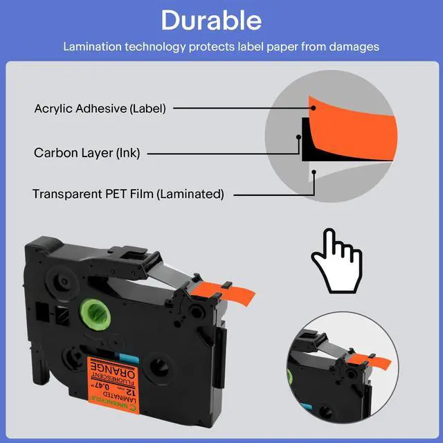 Alt view image 3 of 6 - GREENCYCLE Compatible for Brother P-Touch Label Tape TZe-B21 9mm 0.35" Laminated Fluorescent Orange TZeB21 TZ-B21 TZe TZ 3/8 inch Black on Orange Label Tape, 6 Pack