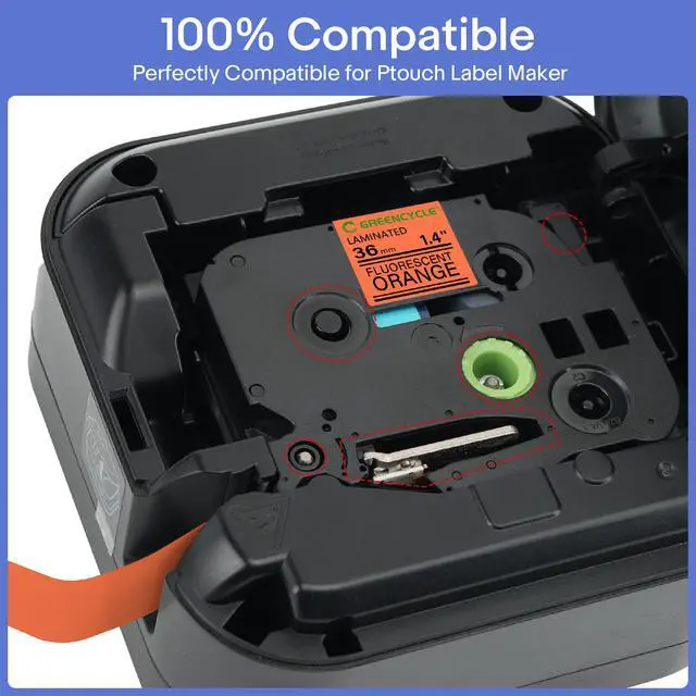 Alt view image 4 of 6 - GREENCYCLE Compatible for Brother P-Touch Label Tape TZe-B61 36mm 1.4" Laminated Fluorescent Orange TZeB51 TZ-B61 TZe TZ 1-1/2 inch Black on Orange Label Tape, 1 Pack