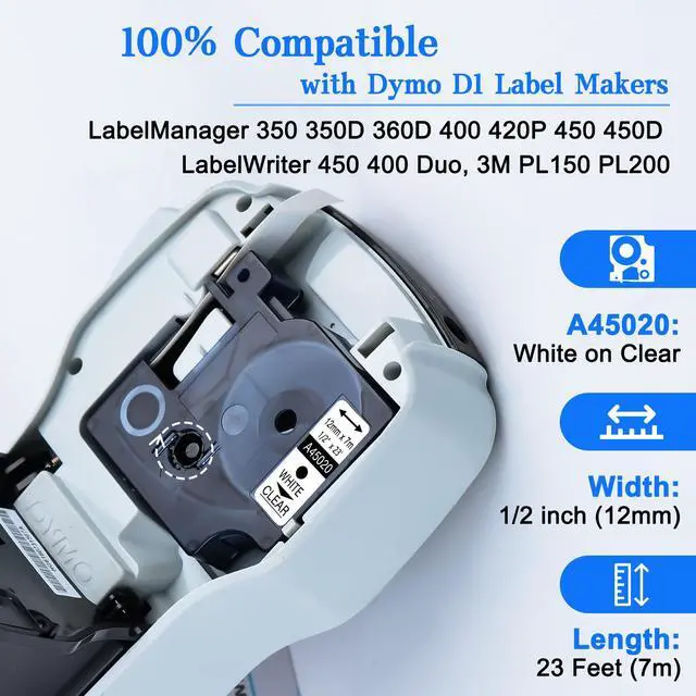 Alt view image 2 of 7 - GREENCYCLE 100 Pack Compatible for DYMO D1 Label Maker Refill 45020 S0720600 White on Clear, 1/2 Inch x 23 Ft for DYMO LabelManager 160 280 210D 360D 420P Wireless PnP 220P 260P 500TS 450DUO