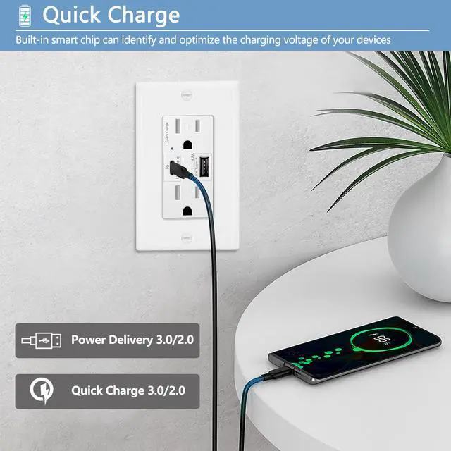 Alt view image 3 of 6 - GREENCYCLE 4.8A Quick Charge USB Outlets Receptacles, 15 Amp Type C Supports PD & QC 3.0 USB C Wall Outlet UL Listed, 2 Pack