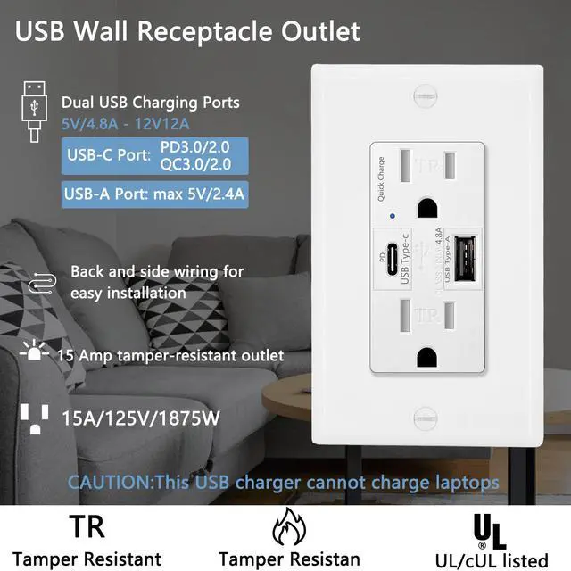 Alt view image 2 of 6 - GREENCYCLE 4.8A Quick Charge USB Outlets Receptacles, 15 Amp Type C Supports PD & QC 3.0 USB C Wall Outlet UL Listed, 2 Pack