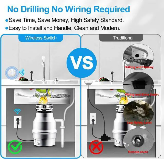 Alt view image 4 of 7 - Garbage Disposal Wireless Switch Kit, Greencycle Portable Remote Control Outlet,Garbage Disposal Switch with Magnetic, Remote Control Outlet,No Drilling On Sink,15A 4000V Anti-Surge 500 Feet RF Range