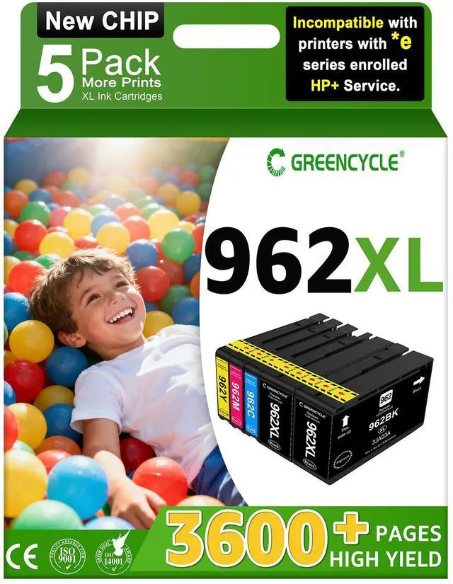 Main image of greencycle 962XL ink cartridges Compatible for HP 962XL Ink Cartriges Black/Cyan/Magenta/Yellow 5 Pack Compatible with HP Office Jet Pro 9010 9012 9014 9015 9016 9018 9019 9020 9022 9025 9026 9027