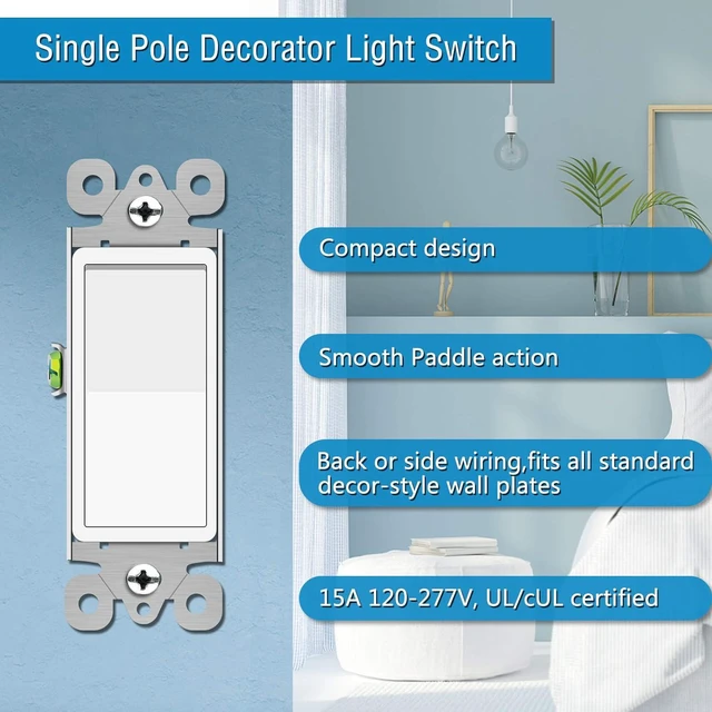 Alt view image 2 of 7 - Greencycle 2PK Single Pole Rocker Light Switch,Paddle Light Switch 15 Amp,Sp Switches White,120V-277V AC,On/Off Wall Switches, Residential/Commercial Grade,Home & Office,UL/CUL 4pcs