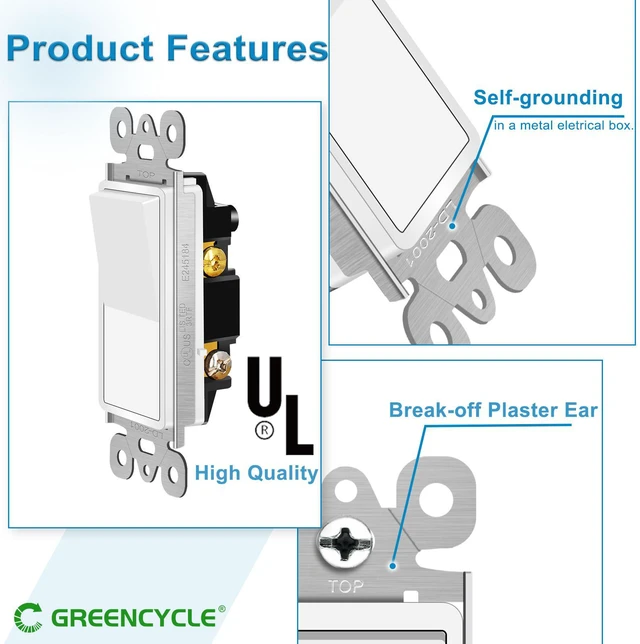 Alt view image 3 of 7 - Greencycle 2PK Single Pole Rocker Light Switch,Paddle Light Switch 15 Amp,Sp Switches White,120V-277V AC,On/Off Wall Switches, Residential/Commercial Grade,Home & Office,UL/CUL 4pcs