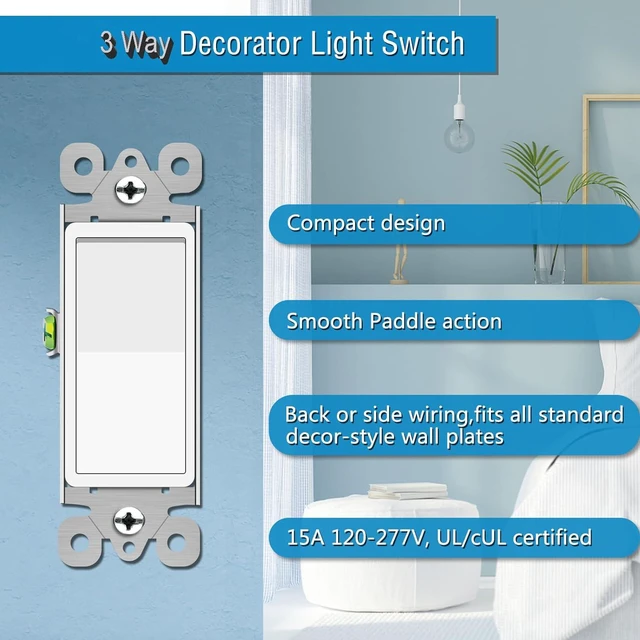Alt view image 3 of 7 - Greencycle 3 Way Light Switch,Three Way Single Pole Switches, 15A 120-277V Rocker Paddle Wall Switch,On Off Switches, Self-Grounding, UL Certified,Residential and Commercial Grade,White,2PK 4pk