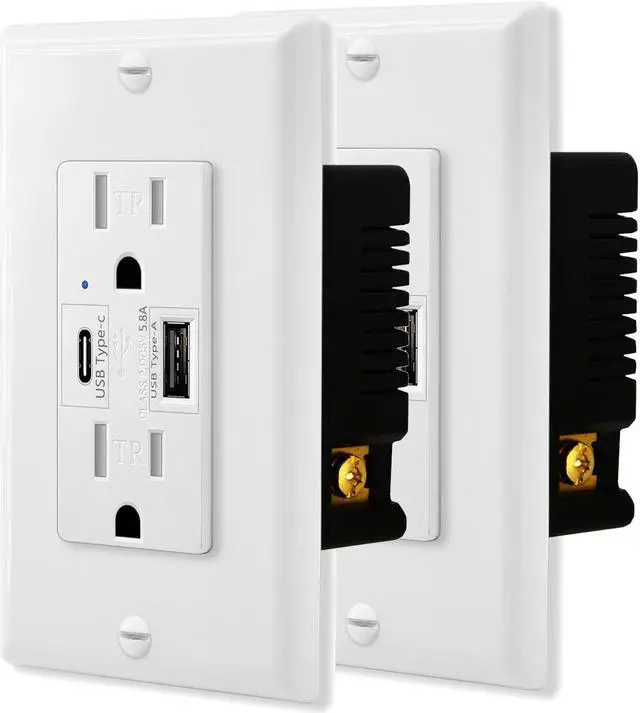 Main image of GREENCYCLE 2PK Ultra High Speed 5.8A USB Type C/A Dual USB Charging Ports 15A Tamper Resistant Receptacle White Duplex Outlets Wall Plates Socket Compatible with iPhone Samsung Smartphones UL Listed