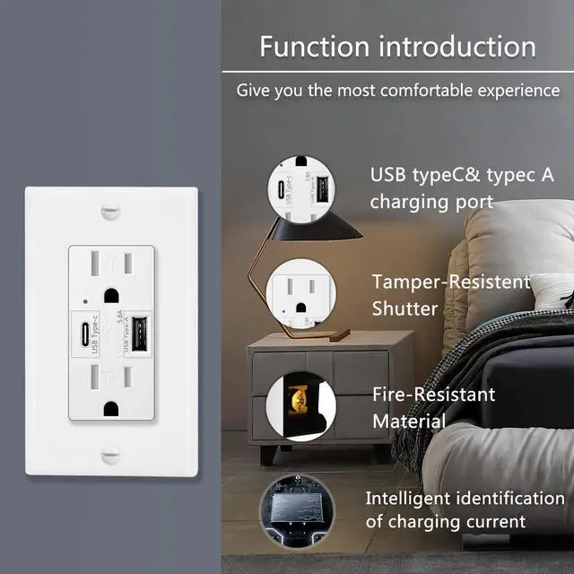 Alt view image 2 of 7 - GREENCYCLE 2PK Ultra High Speed 5.8A USB Type C/A Dual USB Charging Ports 15A Tamper Resistant Receptacle White Duplex Outlets Wall Plates Socket Compatible with iPhone Samsung Smartphones UL Listed