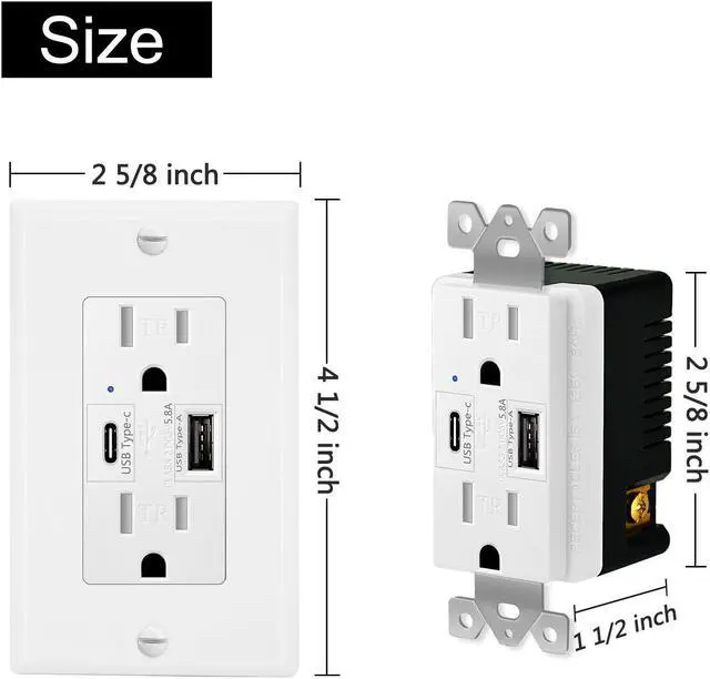 Alt view image 4 of 7 - GREENCYCLE 2PK Ultra High Speed 5.8A USB Type C/A Dual USB Charging Ports 15A Tamper Resistant Receptacle White Duplex Outlets Wall Plates Socket Compatible with iPhone Samsung Smartphones UL Listed