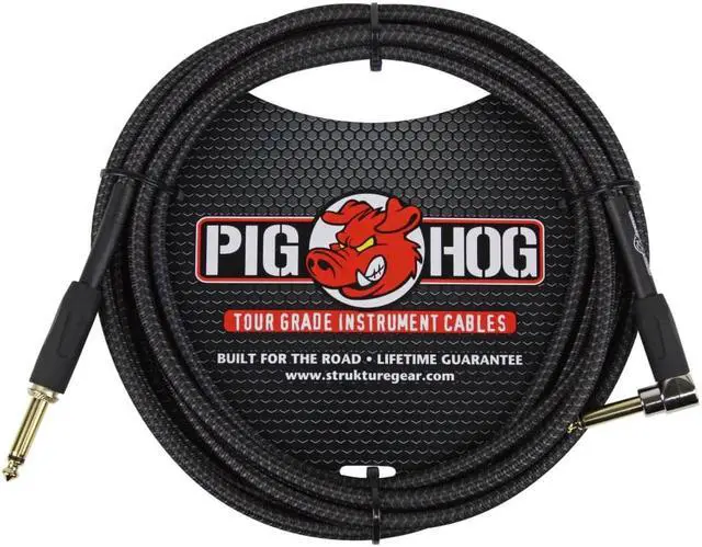 Alt view image 4 of 7 - Pig Hog Instrument Cable Black Woven 1/4" to 1/4" Right Angle 10 ft. Black Woven
