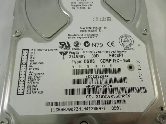 Alt view image 4 of 9 - HDD 9.1GB WU SCSI-3 PLUGGABLE, 313706-B21, 313726-001, HB00931931, 59H7007, TYPE: DGHS