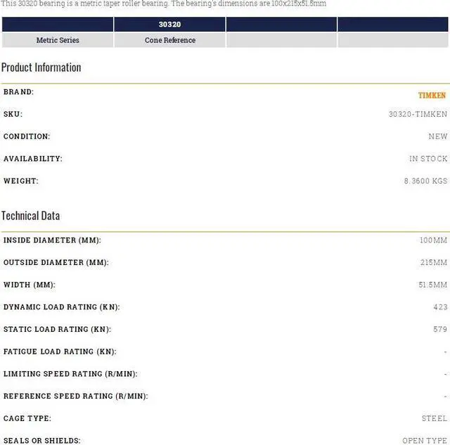Alt view image 2 of 4 - TIMKEN 30320 Taper Roller Bearing 100x215x51.5mm